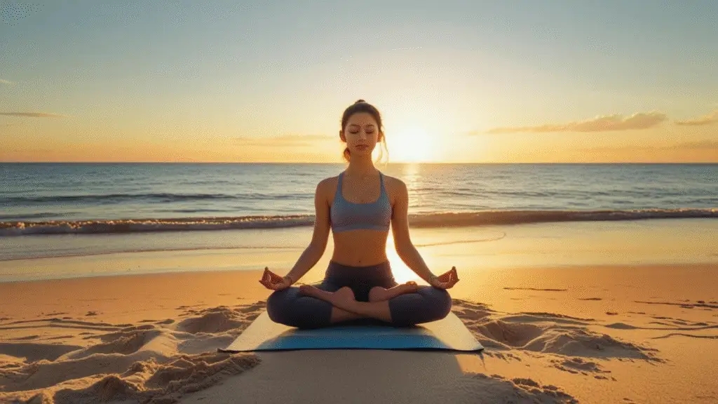 mulher a meditar na praia – férias como terapia