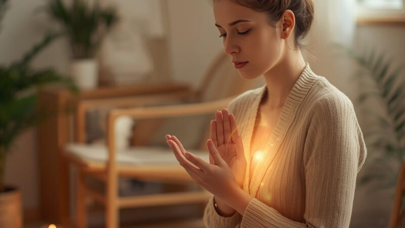 mulher a praticar auto-Reiki com luz dourada no peito em ambiente sereno – bem-estar e terapias holísticas